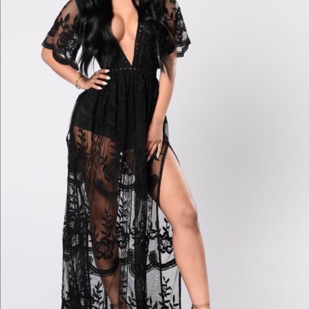 Black lace romper maxi dress